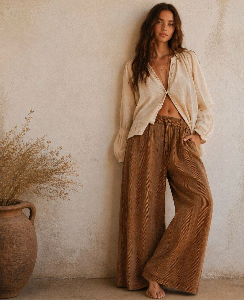 Free People NWT Brown Rust Striped Wide Leg Cotton Boho Pants S